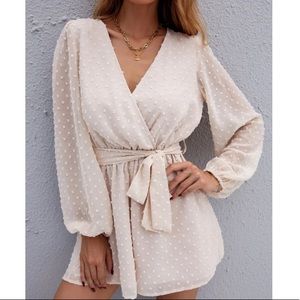 Swiss dot surplice neck belted romper